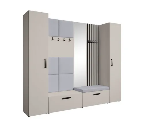 Beautysofa Garderobenschrank mit gepolsterten Paneelen und Spiegel MARGARET XL (zwei praktische Schuhschränke und zwei komfortable Kleiderschränke mit Kleiderstangen) mit dekorative Lamellen und praktischen Kleiderhaken