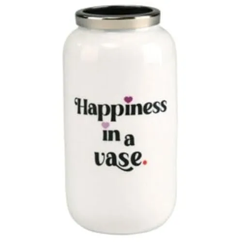 Gift Company Saigon, Vase mit Metallring, XXS(H12cm), Motiv: Happiness in a vase, weiß/Silber, 6x12x6cm