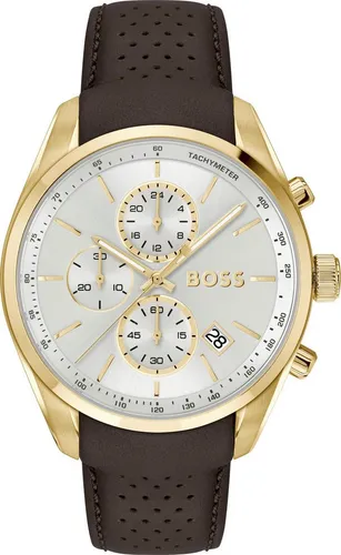 BOSS Grand Prix Chronographen-Quarzuhr für Herren mit Kalender - Armbanduhren für Herren mit 44mm Edelstahlgehäuse und gelbgoldener IP-Beschichtung, sportlich-elegant mit braunem perforiertem Lederarmband und 5 ATM wasserdicht.