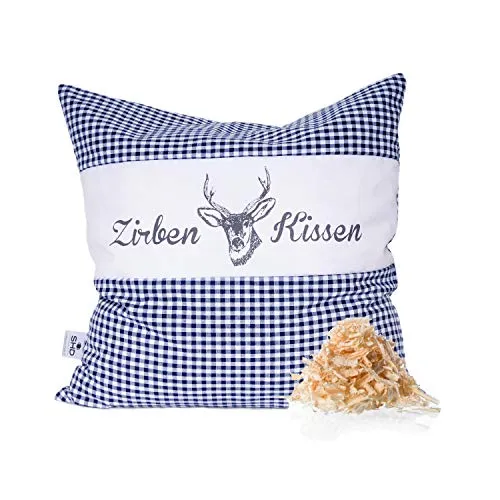 SHD Zirbenkissen Dekokissen mit Zirbenholz Alpen 100% Baumwollekariert, Decorative, natürlich duftend, Hirschprint Vichy Geschenk Frauen (Blau Kariert, 30 x 30 cm)