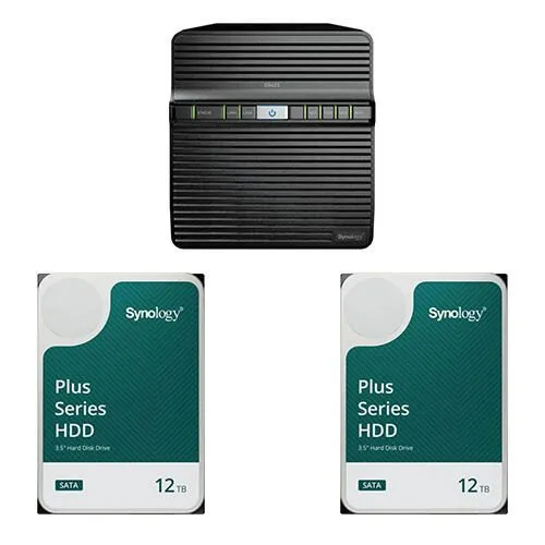 Synology DiskStation DS423 NAS-Server mit 12 TB Festplatten - Leeres NAS-Gehäuse mit 4 Einschüben, inkl. 2x 12 TB SATA-Festplatten für hohe Speicherkapazität und zuverlässige Datenverwaltung.