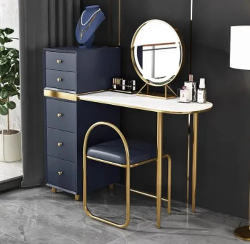 Schminktisch Set mit Spiegel und Hocker in Gold - Eleganter Schminktisch mit 5 Schubfächern und freistehendem Design. Ideal für Schlafzimmer und Gästezimmer. Maße: 100/120 x 40 x 75 cm, hochwertige Verarbeitung aus Edelstahl und Holz.