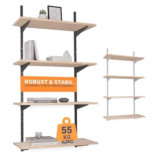 BOOMET Wandregal Bausatz - Anthrazit, 55kg Traglast - Flexibles Regalsystem für individuelle Raumgestaltung mit bis zu 4 Regalebenen. Robuste Stahl Regalträger und einfache Montage für sicheren Halt und Langlebigkeit.