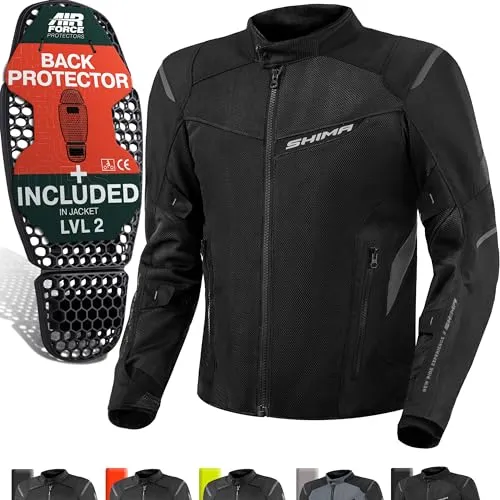 SHIMA RUSH Motorrad Jacke Herren mit Protektoren Mesh AIRFORCE Rückenprotektor Sommer Luftig Motorradjacke Wasserdicht Motorradkombi Motorradhose Touren (Schwarz, Männer, Textilejacke, Größe L)