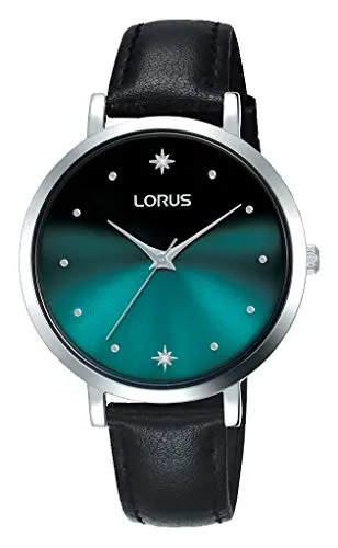 Lorus Fashion Lady RG259PX9 Frauenuhr - Elegante Damenuhr mit hochwertigem Edelstahlgehäuse und schwarzem Lederarmband. Das grüne Ziffernblatt ist durch Mineralglas geschützt und wasserdicht bis 3 ATM – perfekt für den Alltag.