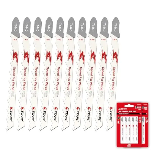 EZARC 10tlg Stichsägeblätter T144D für schnelles Holzschneiden, 6TPI T-Schaft Stichsägeblatt Set aus CRV, gebogenes und gewelltes Schneiden