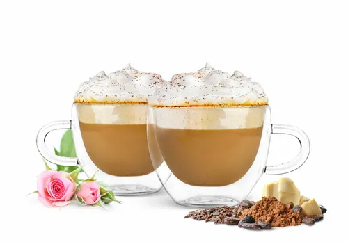 Doppelwandige Cappuccino Tassen mit Henkel 290ml - Hochwertige Latte Macchiato-Gläser, doppelwandig für optimale Temperatur, spülmaschinenfest und ideal für Heißgetränke, inklusive Löffel und Präsentschachtel.