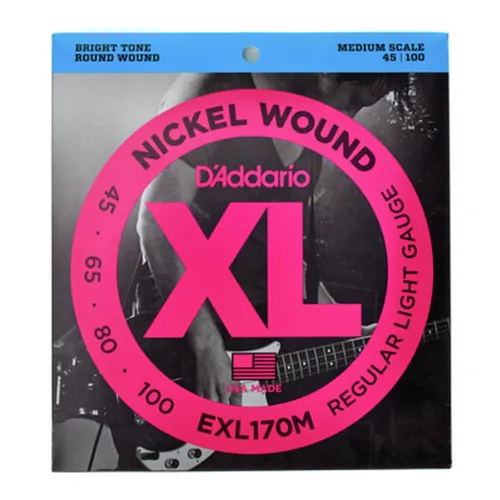 Daddario EXL170M E-Bass Saitensatz - Gitarren- & Bass-Zubehör mit ausgewogenem Klang, ideal für jede Musikrichtung, Nickel Round Wound, Medium Scale, Stärken 045-065-080-100, Länge 86,5cm.