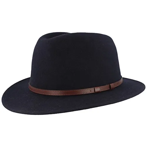 Breiter Outdoor Filz-Hut | Trekking-Hut | Wollhut aus 100% Wolle – Wasserabweisend & Faltbar – mit Ledergarnitur - Marine-Blau