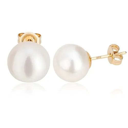 NKlaus Paar 10,5mm echte Süßwasserperle Ohrstecker 333 Gelbgold 8 Karat Perlenohrringe 2150