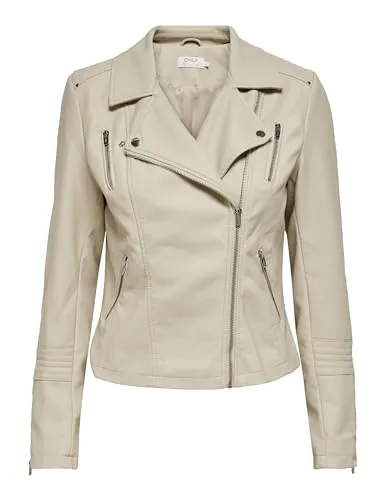 ONLY Beige Kunstlederjacke für Damen, Größe 36 - Stylische ONLY Kunstlederjacke in Beige, Größe 36 - taillierter Schnitt und praktische Reißverschlusstaschen für einen modernen Look.