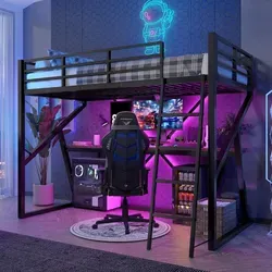 Hochbett, 90 x 200cm, Eisenrahmen, LED-Leiste, Geländer, Treppe, Schreibtisch, ohne Matratze, schwarz - Schwarz