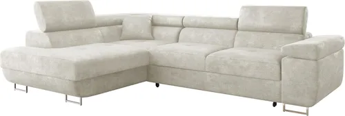 MIRJAN24 Ecksofa Torezio - Stilvolles Schlafsofa mit Bettkasten, Beige, Links - Das elegante Ecksofa Torezio bietet eine großzügige Schlaffläche von 198x125 cm und zusätzlichen Stauraum im Bettkasten. Ideal für modernen Wohnkomfort und entspannte Nächte.