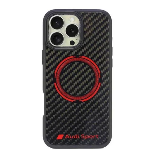 Audi Carbon Fiber Sport Case für iPhone 16 Pro Max - Hochwertige Hardcover Schutzhülle in Schwarz, speziell für Apple iPhone 16 Pro Max, mit MagSafe-Kompatibilität für nahtloses Laden und Schutz.