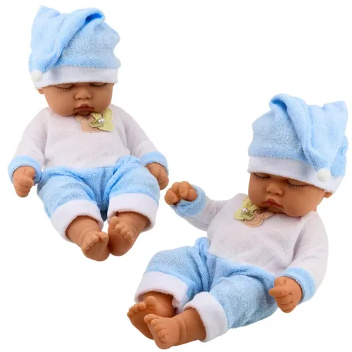 Lean Schlafende Babypuppe Im Blauen Pyjama Mütze Mit Bommel