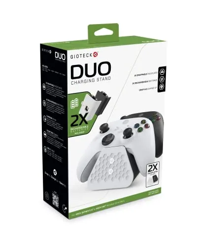 Gioteck Duo Charging Stand for Xbox Series X/S and Xbox One - 2 Farben - Zubehörset für Xbox One mit einem Duo-Ladegerät, das zwei Controller gleichzeitig auflädt und zwei wiederaufladbare Batterien sowie zusätzliche USB-C-Ladeoptionen bietet.