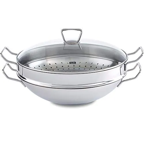 Fissler Nanjing Edelstahl-Wok (Ø 36 cm) - Große unbeschichtete Wok-Pfanne mit Glas-Deckel und Dämpfeinsatz, ideal für fettfreies Kochen auf allen Herdarten, einschließlich Induktion.