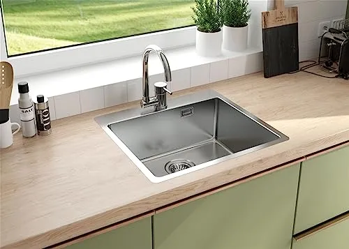 Faizee Home Edelstahlspüle 50 × 55 cm – Hochwertige eckige Küchenspüle inkl. Siphon und Armatur - 1 Becken – Langlebige Edelstahlspüle mit modernem Design, ideal für Unterschränke ab 45 cm, pflegeleicht und perfekt für kleine Küchen.