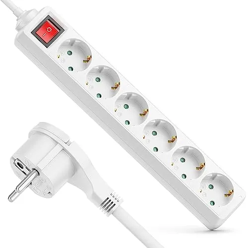 deleyCON 6 Fach Steckdosenleiste mit Flachstecker & EIN/AUS Schalter Mehrfachsteckdose Stromleiste für Innenbereich 1,4 m Kabel Flachkontakt-Stecker Robustes Kunststoffgehäuse Weiß