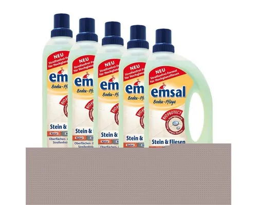 5x emsal Boden-Pflege für Stein & Fliesen 1 Liter - Effektive Pflege für offenporige Steinböden und Fliesen, schützt Oberflächen und Fugen. Ideal für die Pflege von Terrakotta, Marmor und mehr. Praktische 5er-Packung für langanhaltende Sauberkeit.