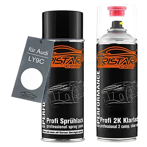 TRISTARcolor Autolack 2K Spraydosen Set für Audi LY9C Ibisweiss/Blanc Ibis Basislack 2 Komponenten Klarlack Sprühdose