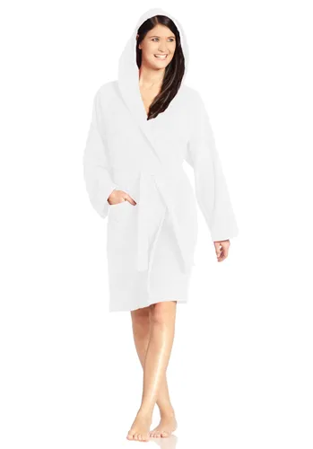 Vossen Unisex-Bademantel Texas, weiß L - Bademantel aus 100% Baumwolle in Kurzform mit Kapuze, ideal für Sauna & Spa, bietet hohen Tragekomfort und ist maschinenwaschbar.