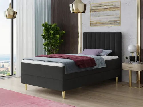 Boxspringbett Gold Mini mit Bettkasten - Komfortables Einzelbett für Schlafzimmer - Das Boxspringbett Gold Mini bietet eine Schlaffläche von 80x200 cm bis 120x200 cm, einen praktischen Bettkasten und hochwertigen Bonell-Matratzen für erholsamen Schlaf. Ideal für Jugendzimmer und kleine Räume.