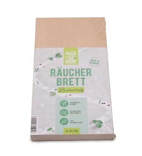 Frischluftküche Räucherbrett Buche - Verleiht Fisch, Fleisch und Gemüse mildes bis mittelstarkes Raucharoma, geeignet für Räuchern mit Gasgrill, Holzkohlegrill, Smoker - Buchenholz, 30 x 15 x 2 cm