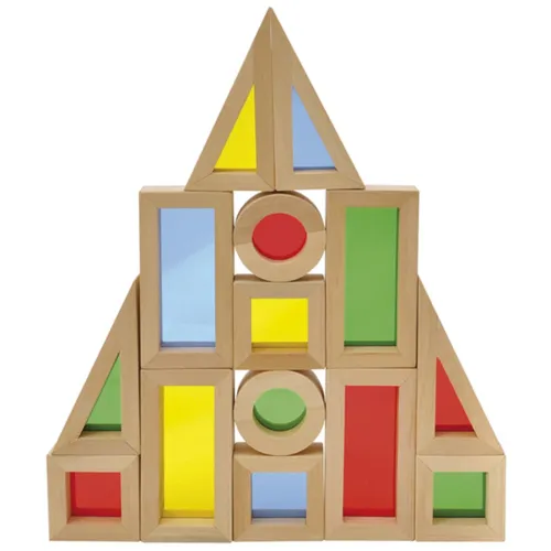EDUPLAY 120-117 Regenbogenblocks - 24-teiliges Set - Baukästen & Bausteine, fördert die Kreativität und Motorik mit bunten, transparenten geometrischen Elementen im Holzrahmen.