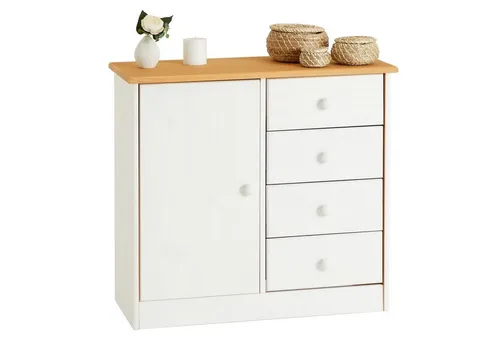 IDIMEX Kommode RONDO - Schubladenkommode im Landhausstil aus massivem Kiefernholz, bietet mit 1 Tür und 4 Schubladen großzügigen Stauraum für Kleintextilien und mehr.