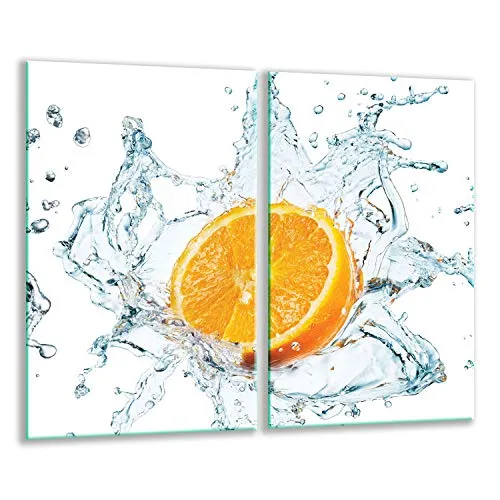 QTA | Herdabdeckplatten 2x30x52 cm Ceranfeldabdeckung 2-Teilig Universal Elektroherd Induktion für Kochplatten Herdschutz Deko Schneidebrett Sicherheitsglas Spritzschutz Glas Orange Obst