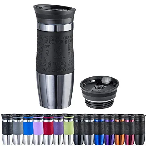 WELLGRO Thermobecher 400 ml + 1 Extradeckel - Edelstahl rostfrei - Silikon Soft-Touch Griffstück - BPA-frei - Isolierbecher doppelwandig - Travel Mug - Kaffeebecher to go, Farbe:Grau Metallic