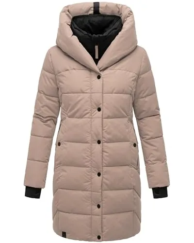 Navahoo Damen Wintermantel Knutschilein - Warmer Steppmantel mit Kapuze und abnehmbarem Fleece-Kragen, eleganter Figurschmeichler für kalte Tage in Taupe Grey, Gr. XXL
