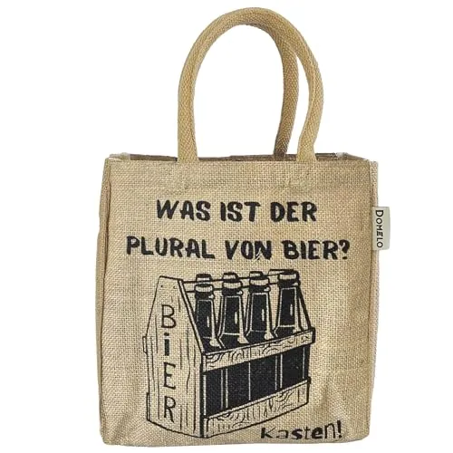 Domelo Jute Flaschentasche. Geschenke für Männer. Bierträger/Flaschenträger mit Trennwänden für 6 Flaschen. kleine Einkaufskorb. Lustige witzige Bier Männerhandtasche (Natur/Kasten)