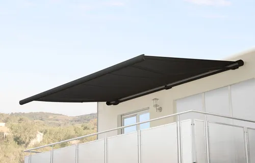 Elektrische Kassettenmarkise H123 - 4,5x3m Vollkassette - Außenanbau mit hochwertigem Polyester in anthrazit, idealer Sonnenschutz und motorbetrieben für höchsten Komfort.