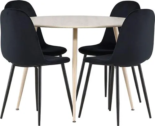Plaza Essgruppe mit Tisch Ø100cm und 4 Velours Stühlen in Whitewash - Moderne Essgruppe für stilvolle Küchen und Esszimmer. Der Tisch mit Ø100cm und die bequemen Velours Stühle bieten Platz und Komfort für gesellige Runden.