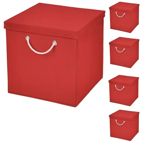 CM3 Faltbox 5er Set Rot 30 x 30 x 30 cm mit Deckel und Kordel - Praktisches 5er Set Faltboxen in Rot, ideal zur Aufbewahrung von Spielzeug, Kleidung und mehr. Hergestellt aus robustem, pflegeleichtem Material, faltbar und platzsparend. Perfekt für moderne Wohnstile und vielseitige Einsätze.