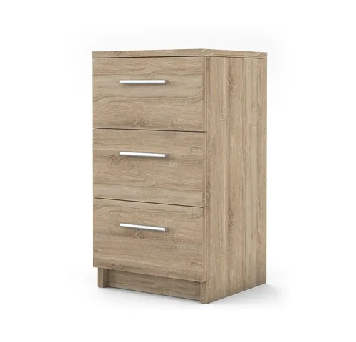 Vicco Nachtkommode Sonoma, 38 x 66 cm - Platzsparende Nachtkonsole mit 3 Schubladen, ideal für kleine Räume. Hergestellt aus robustem Kiefernholz und dekorativer Melaminharzbeschichtung in Braun.