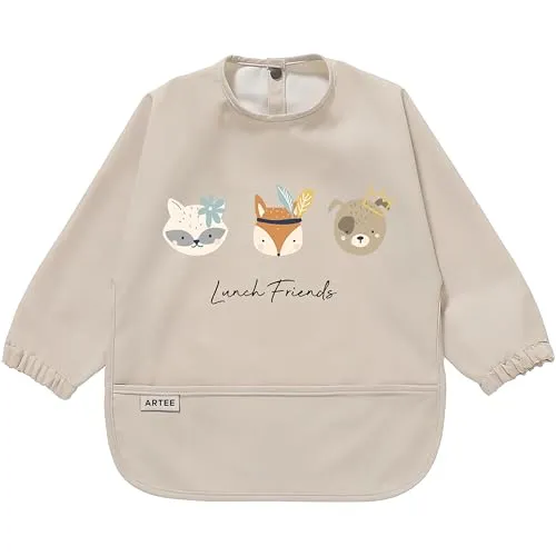 ARTEE Ärmellätzchen beschichtet wasserfest abwischbar Lätzchen mit Ärmeln, Baby, Wasserdichtes Lätzchen, ideal als Geschenk (Lunch Friends, M)