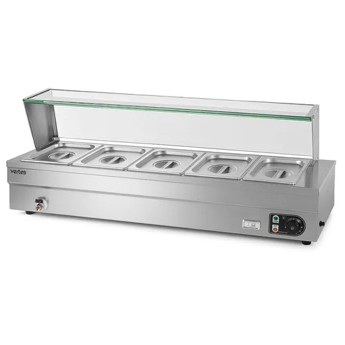 VERTES Buffetwärmer Edelstahl 1500W mit 5 GN Behältern - Der VERTES Buffetwärmer bietet eine stufenlose Temperaturregelung bis 85°C und einen praktischen Ablasshahn. Ideal für Gastronomie und Catering, sorgt er für leckere, warm gehaltene Speisen. Sofort einsatzbereit mit 5 hygienischen GN Behältern.