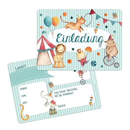 Papierdrachen 12 Einladungskarten zum Geburtstag für Kinder - Motiv Zirkus - Geburtstagseinladungen für deine Geburtstagsparty (DIN A6 mit abgerundeten Ecken)