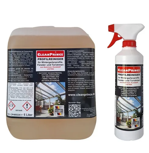 CleanPrince Wintergarten Profilreiniger für Kunststoff, Aluminium und Holz - Der CleanPrince Wintergarten-Profilreiniger entfernt mühelos Verschmutzungen und sorgt für strahlende Sauberkeit. Ideal für alle Profile im Innen- und Außenbereich. Einfach aufsprühen und abspülen!