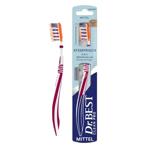 Dr.BEST Atemfrisch Zahnbürste, Mittel (1 Stück), mit 2in1 - Zahnbürste und Zungenreiniger. Entfernt gründlich Bakterien von der Zungenoberfläche und reinigt die Zähne effektiv.