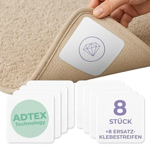 Livilin Teppich Antirutschunterlage Antirutsch Pads [AdTex Technology] 8Stk. Anti Rutsch Pads Waschbar +Ersatzklebestreifen Anti Rutsch Teppichunterlage rutschfest Antirutschmatte für Teppich 10x10cm