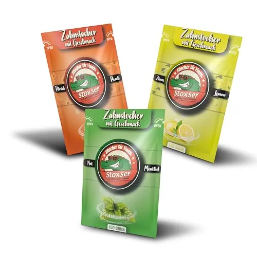 Stoxser 450x Zahnstocher mit Geschmack 3er Pack - Zahnstocher mit intensiven Aromen: Pfirsich, Zitrone, Mint und Menthol. Zuckerfrei und vegan – ideal für frischen Atem und Zahnpflege. Perfekt zum Abgewöhnen von Kaugummi oder Nägelkauen!
