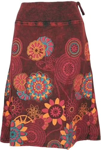 GURU SHOP Knielanger Rock Boho Chic, Farbenfroher Retro Mandala Baumwollrock - Rot, Damen, Baumwolle, Size:M