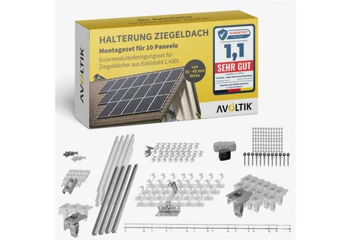 Avoltik Solarmodul-Halterung für Ziegeldach - Montageset für 10 Solarmodule - Komplettes Montageset für Solarmodule mit 32 Edelstahl-Dachhaken und EASY-CLICK-System für einfache Anpassung an Panelgrößen. Ideal für langlebige und stabile Solarinstallationen.