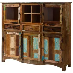 Massivmoebel24 Highboard NATURE OF SPIRIT #139 - Highboard aus Altholz (160x40x140) im Vintage Shabby Chic, bietet viel Stauraum und beeindruckt mit einem einzigartigen Design aus verschiedenen Holzarten und stilvollen Metallapplikationen.