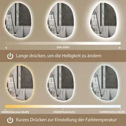HOMCOM Badspiegel mit Beleuchtung 70x50 cm - Badspiegel mit 3 Lichtfarben und Touchschalter, bietet klare Sicht dank Anti-Beschlag-Funktion und elegantes asymmetrisches Design für Ihr Badezimmer.