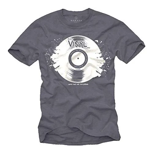 Cooles Dj T-Shirt mit Vinyl Schallplatte Blaugrau Größe L